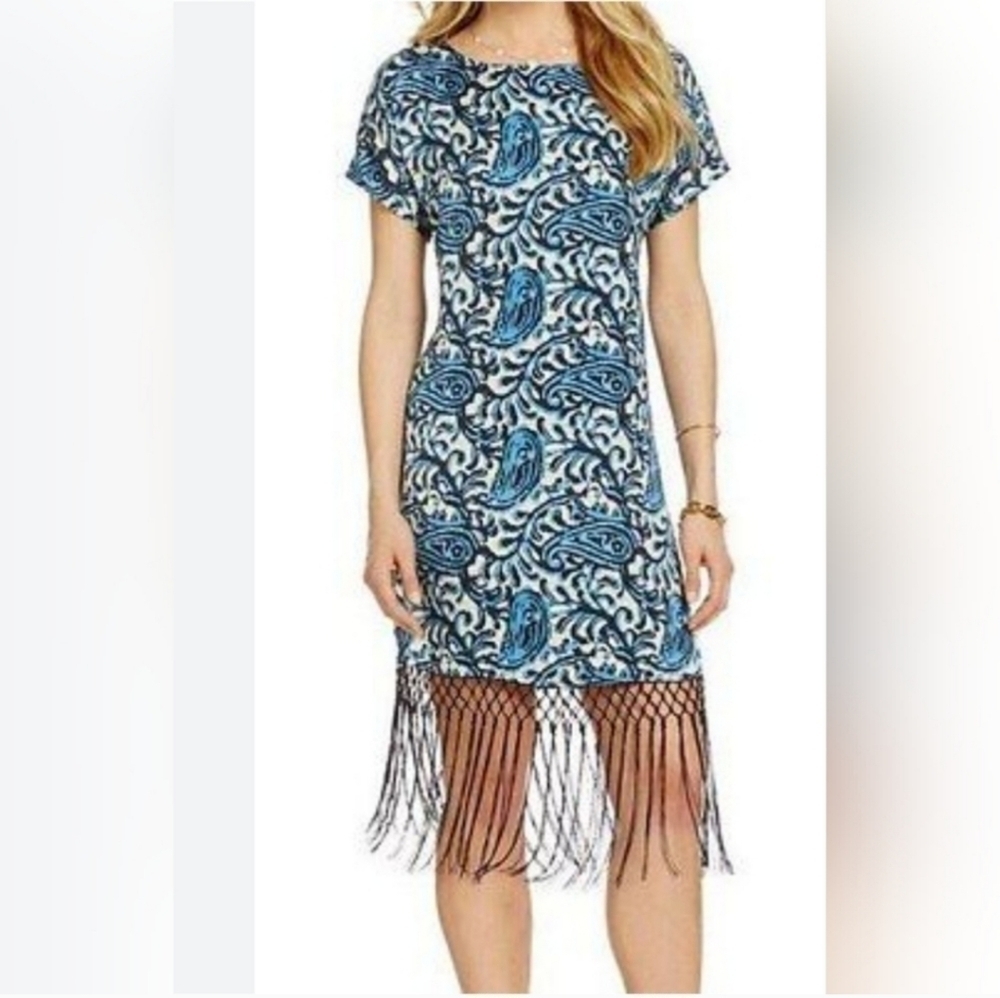 NWT $140 MICHAEL KORS Kathumar Paisley Fringe Dress Heritage Blue Medium